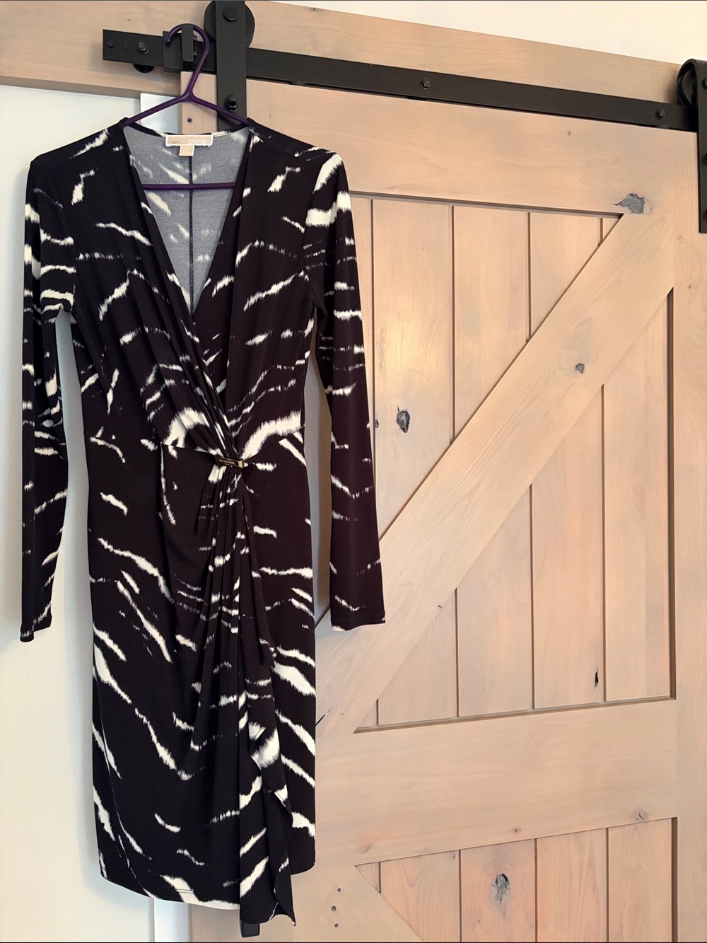 Michael Kors Black and White Long Sleeve Twist-Front Wrap Dress